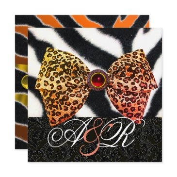 zebra fur,leopard skin bow ,black damask monogram invitation